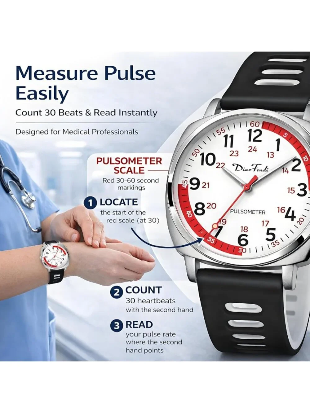 Diaofendi Women's Black Analog Nurse Medical Professional Waterproof Wrist Watch